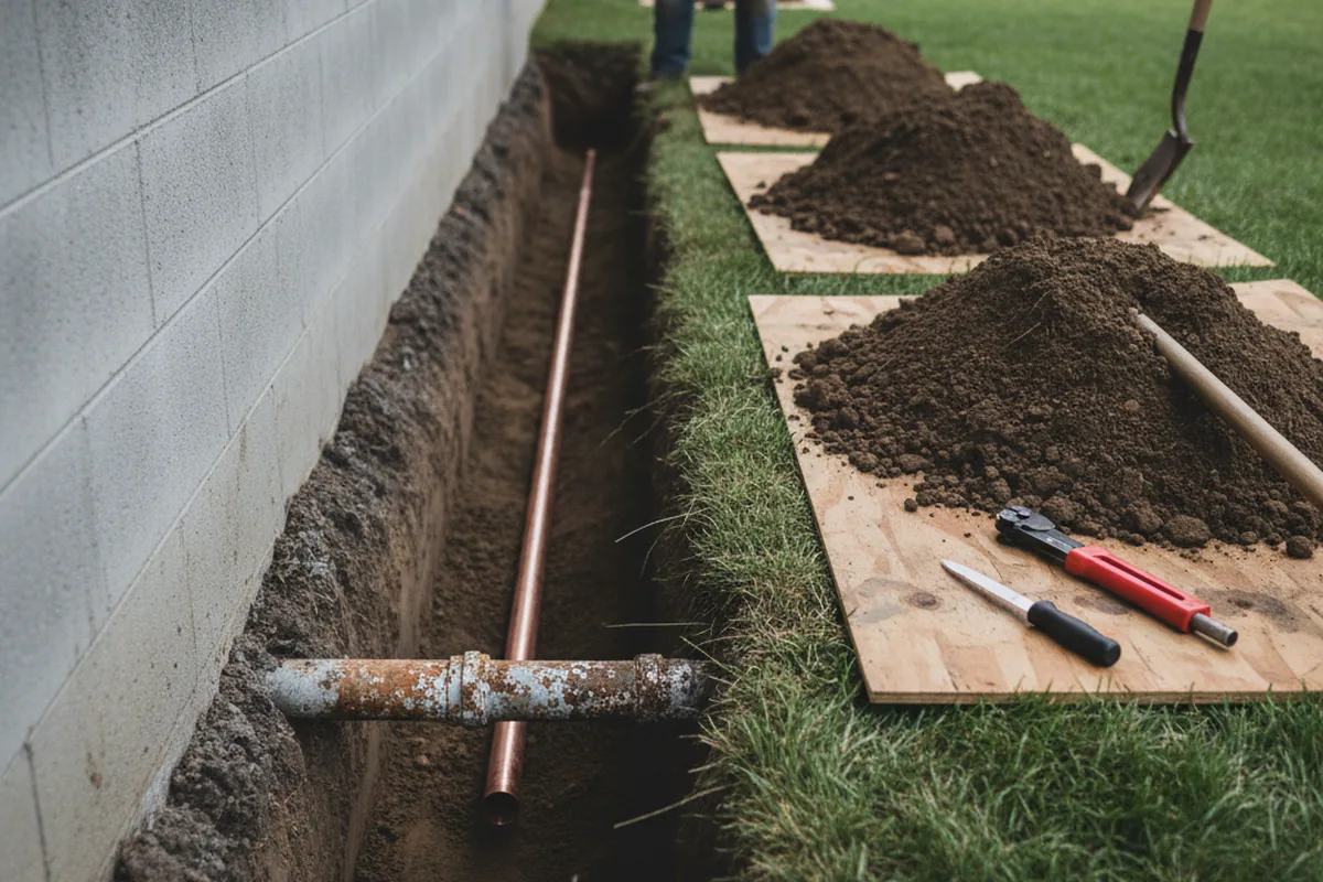 Excavated water line trench during Sewer Line Repair in Seagrove